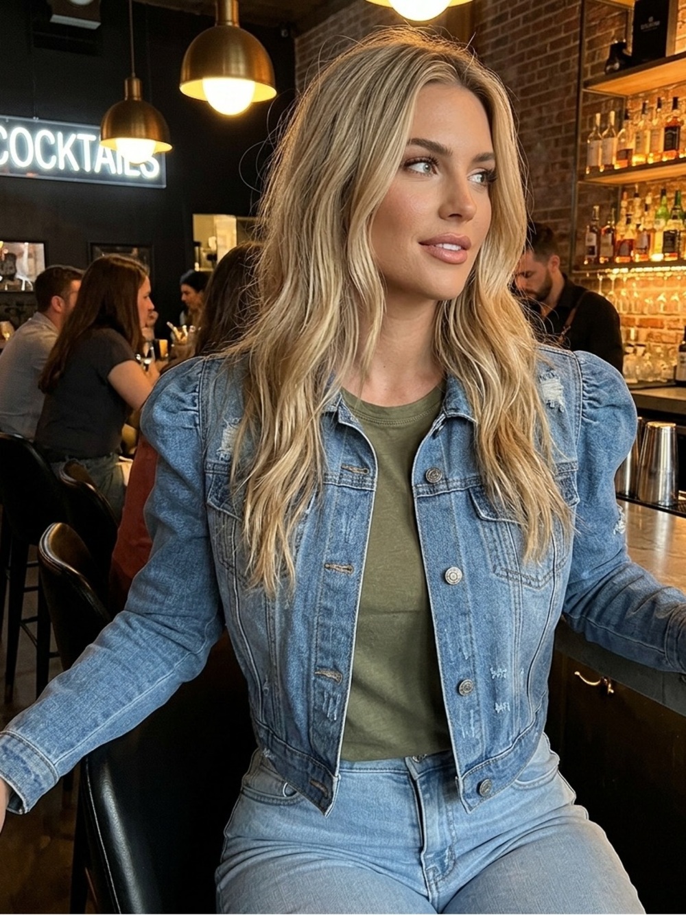 Five by Five Cropped Puff-Sleeve Denim Jacket, EUC Size Large